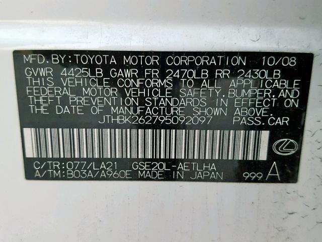 JTHBK262795092097 - 2009 LEXUS IS 250 WHITE photo 10