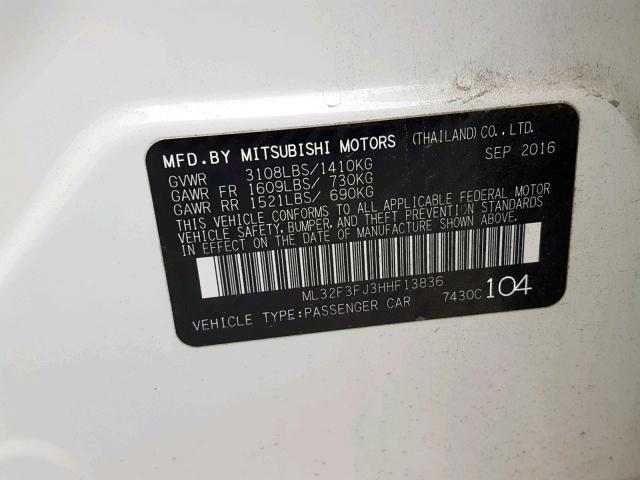 ML32F3FJ3HHF13836 - 2017 MITSUBISHI MIRAGE G4 WHITE photo 10