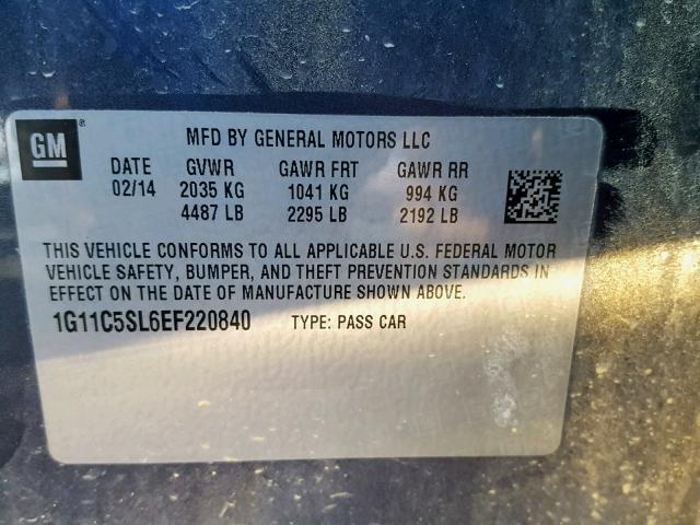 1G11C5SL6EF220840 - 2014 CHEVROLET MALIBU 1LT 蓝色 照片 10