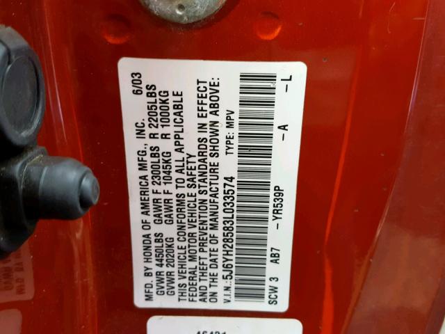 5J6YH28583L033574 - 2003 HONDA ELEMENT EX ORANGE photo 10