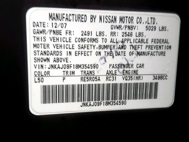 JNKAJ09F18M354590 - 2008 INFINITI EX35 BASE MAROON photo 10