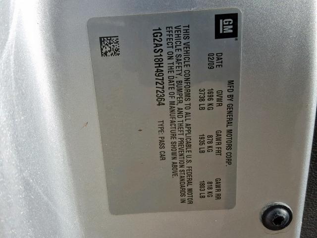 1G2AS18H497272364 - 2009 PONTIAC G5 SILVER photo 10
