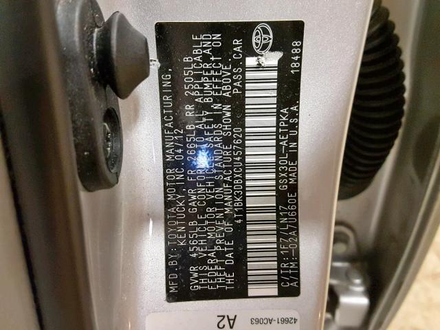 4T1BK3DBXCU457620 - 2012 TOYOTA AVALON BAS Ақ фото 10