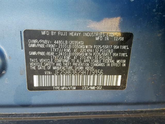 JF2SH63629H779356 - 2009 SUBARU FORESTER 2 BLUE photo 10