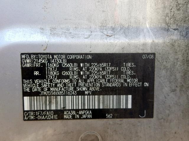 JTMZD34VX85116243 - 2008 TOYOTA RAV4 LIMIT SILVER photo 10