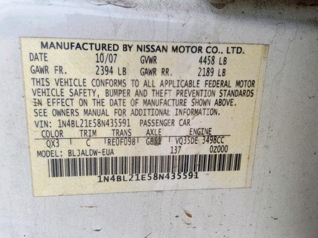 1N4BL21E58N435591 - 2008 NISSAN ALTIMA 3.5 WHITE photo 10