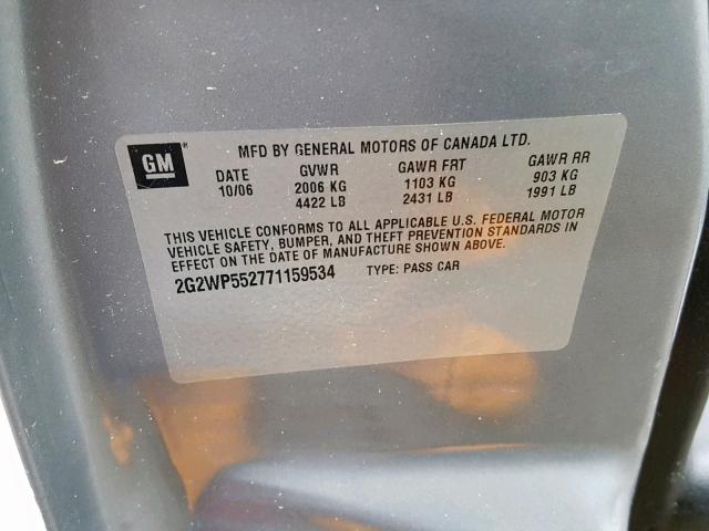 2G2WP552771159534 - 2007 PONTIAC GRAND PRIX GRAY photo 10