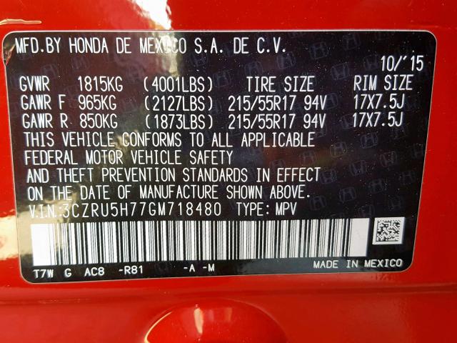 3CZRU5H77GM718480 - 2016 HONDA HR-V EXL RED photo 10