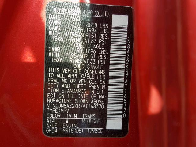 JN8AZ2KR7AT168370 - 2010 NISSAN CUBE BASE RED photo 10