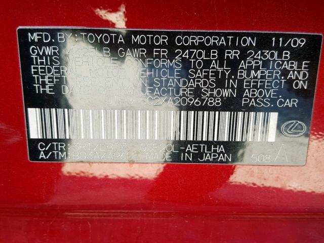 JTHBF5C2XA2096788 - 2010 LEXUS IS 250 RED photo 10