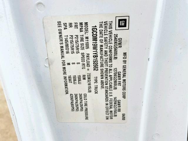 1GCDM19W1YB192662 - 2000 CHEVROLET ASTRO WHITE photo 10