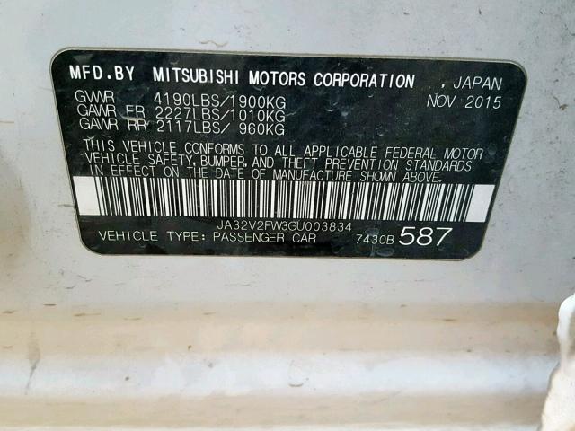 JA32V2FW3GU003834 - 2016 MITSUBISHI LANCER ES WHITE photo 10