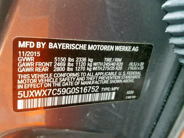 5UXWX7C59G0S16752 - 2016 BMW X3 XDRIVE3 GRAY photo 10
