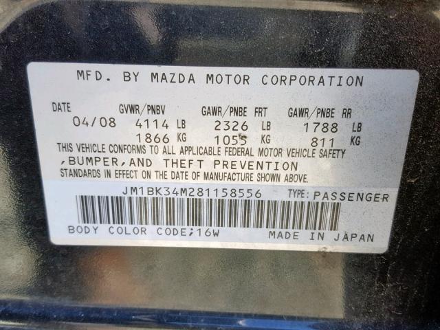 JM1BK34M281158556 - 2008 MAZDA SPEED 3 GRAY photo 10