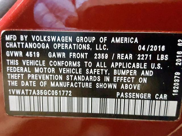 1VWAT7A35GC051772 - 2016 VOLKSWAGEN PASSAT S Շագանակագույն լուսանկար 10