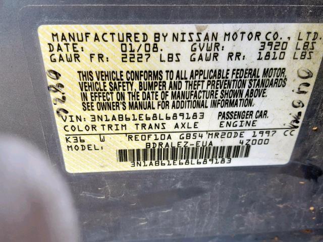 3N1AB61E68L689183 - 2008 NISSAN SENTRA 2.0 GRAY photo 10