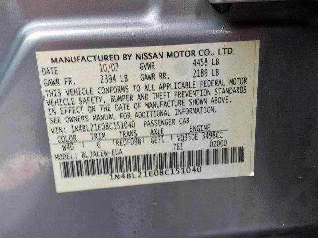 1N4BL21E08C151040 - 2008 NISSAN ALTIMA 3.5 SILVER photo 10