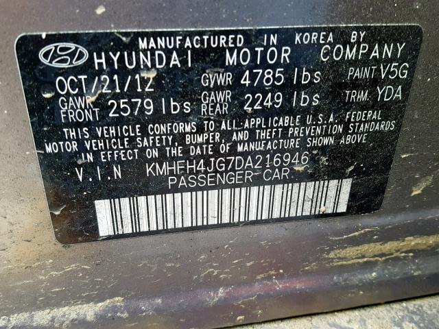 KMHFH4JG7DA216946 - 2013 HYUNDAI AZERA GLS TAN photo 10