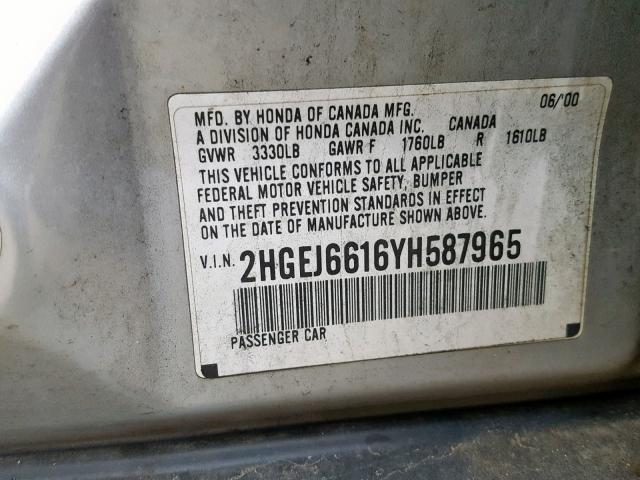 2HGEJ6616YH587965 - 2000 HONDA CIVIC BASE Gümüş foto 10