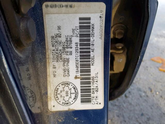 2T1BA05E8TC129348 - 1996 TOYOTA COROLLA DX BLUE photo 10