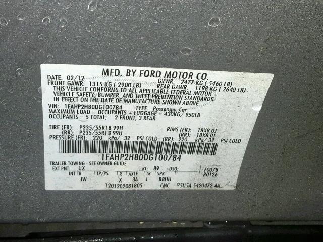 1FAHP2H80DG100784 - 2013 FORD TAURUS SEL SILVER photo 10