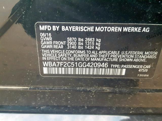 WBA7F2C51GG420946 - 2016 BMW 750 XI BLACK photo 10