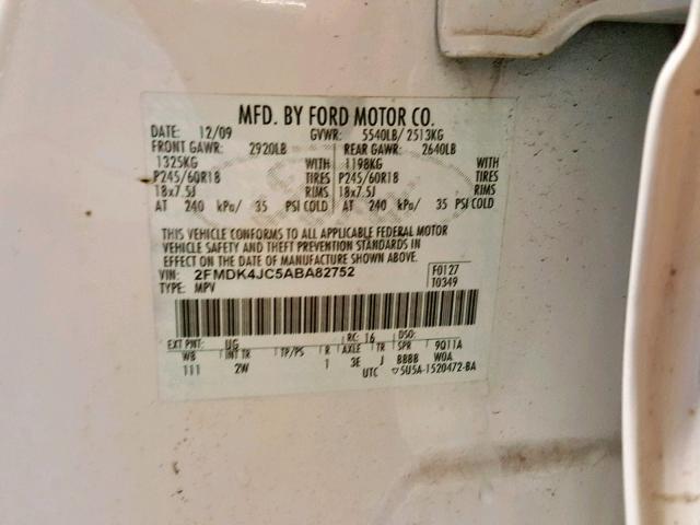 2FMDK4JC5ABA82752 - 2010 FORD EDGE SEL WHITE photo 10