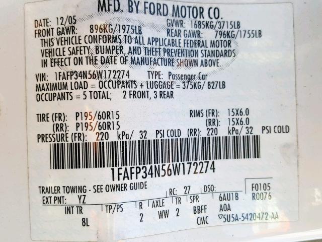 1FAFP34N56W172274 - 2006 FORD FOCUS ZX4 WHITE photo 10