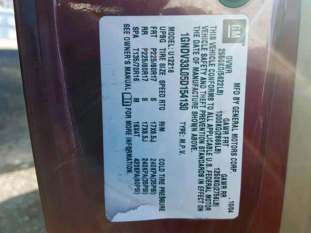 1GNDV33L05D154130 - 2005 CHEVROLET UPLANDER L 红色 照片 10