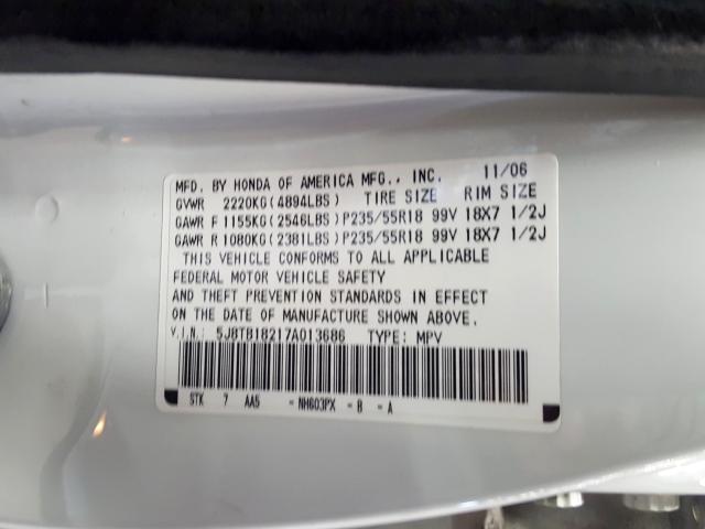 5J8TB18217A013686 - 2007 ACURA RDX WHITE photo 10