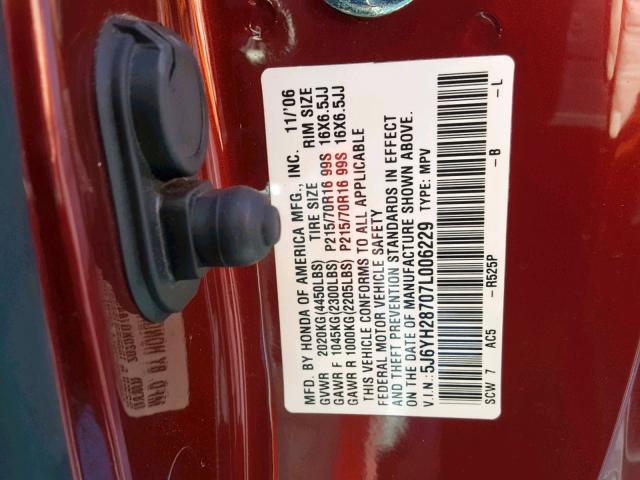 5J6YH28707L006229 - 2007 HONDA ELEMENT EX MAROON photo 10