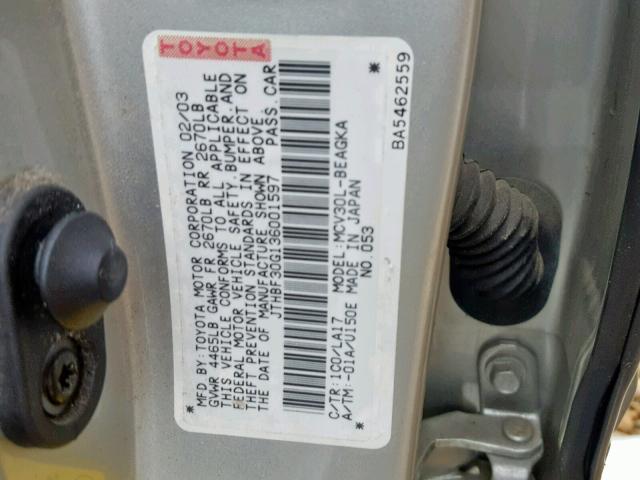 JTHBF30G136001597 - 2003 LEXUS ES 300 SILVER photo 10