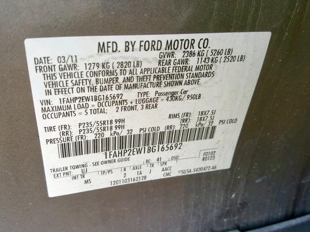 1FAHP2EW1BG165692 - 2011 FORD TAURUS SEL GRAY photo 10