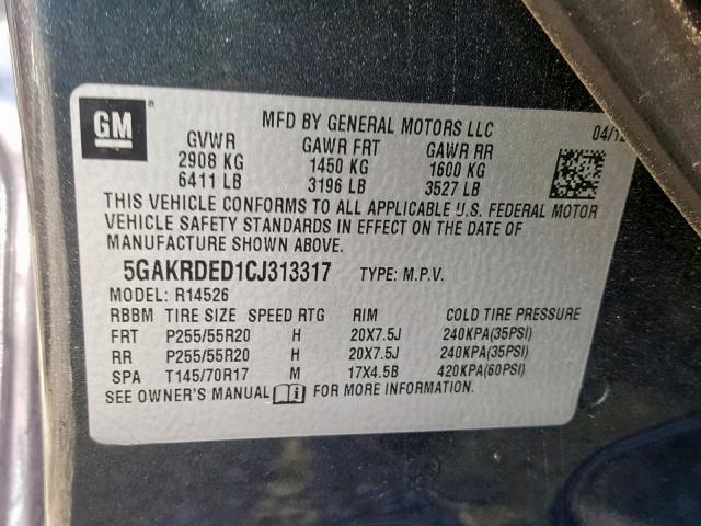 5GAKRDED1CJ313317 - 2012 BUICK ENCLAVE GRAY photo 10