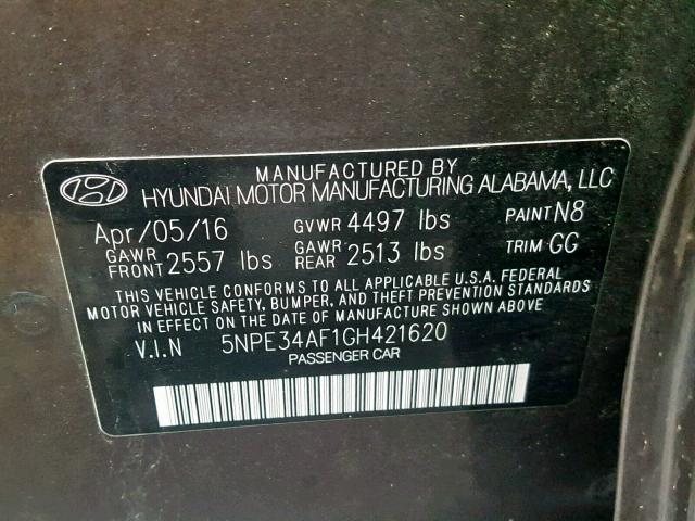 5NPE34AF1GH421620 - 2016 HYUNDAI SONATA SPO GRAY photo 10