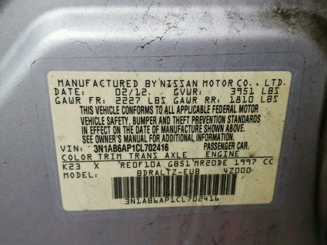 3N1AB6AP1CL702416 - 2012 NISSAN SENTRA 2.0 SILVER photo 10