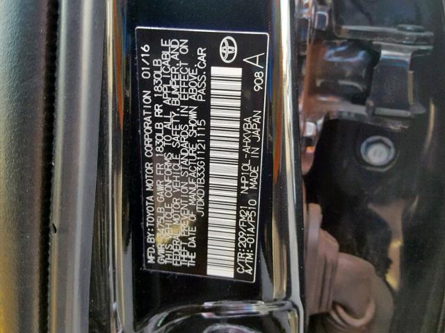 JTDKDTB33G1121115 - 2016 TOYOTA PRIUS C BLACK photo 10