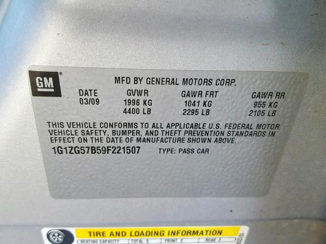 1G1ZG57B59F221507 - 2009 CHEVROLET MALIBU LS 银色 照片 10