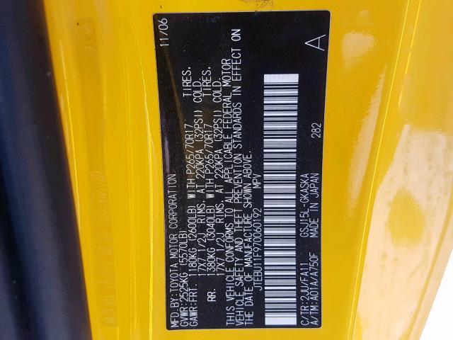 JTEBU11F970060192 - 2007 TOYOTA FJ CRUISER YELLOW photo 10