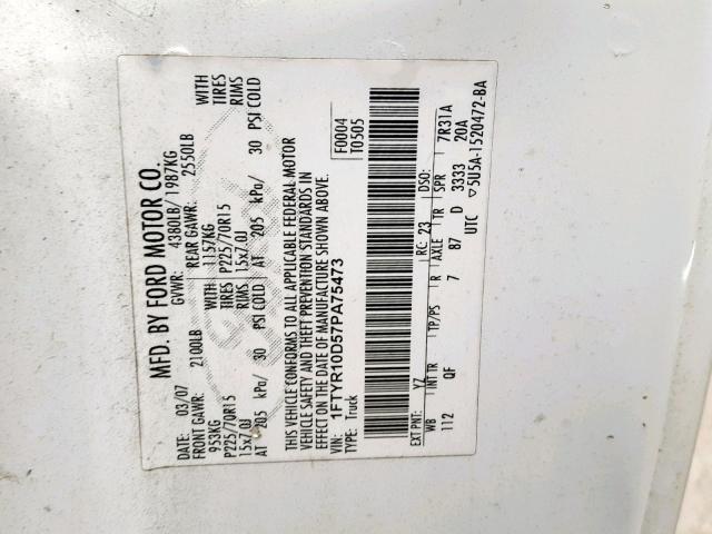 1FTYR10D57PA75473 - 2007 FORD RANGER WHITE photo 10