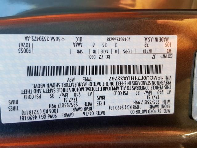 1FMCU0F71HUA32767 - 2017 FORD ESCAPE S GRAY photo 10