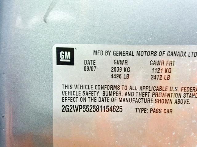 2G2WP552581154625 - 2008 PONTIAC GRAND PRIX GRAY photo 10