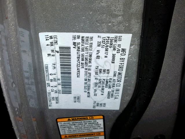 5LMEU78H73ZJ49334 - 2003 LINCOLN AVIATOR 银色 照片 10