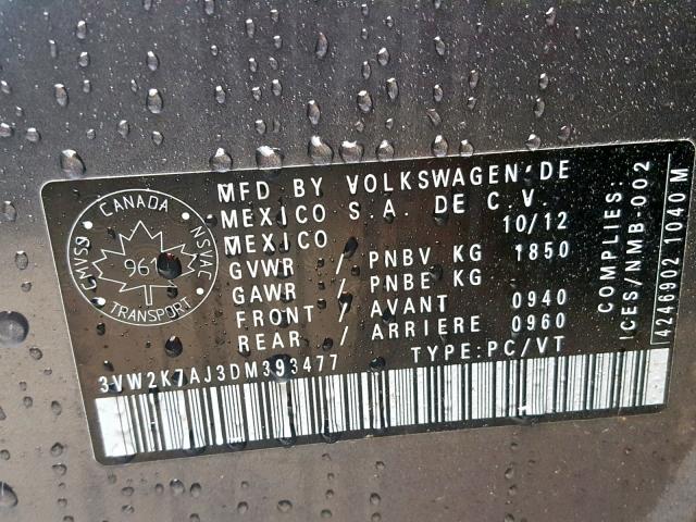 3VW2K7AJ3DM393477 - 2013 VOLKSWAGEN JETTA BASE GRAY photo 10