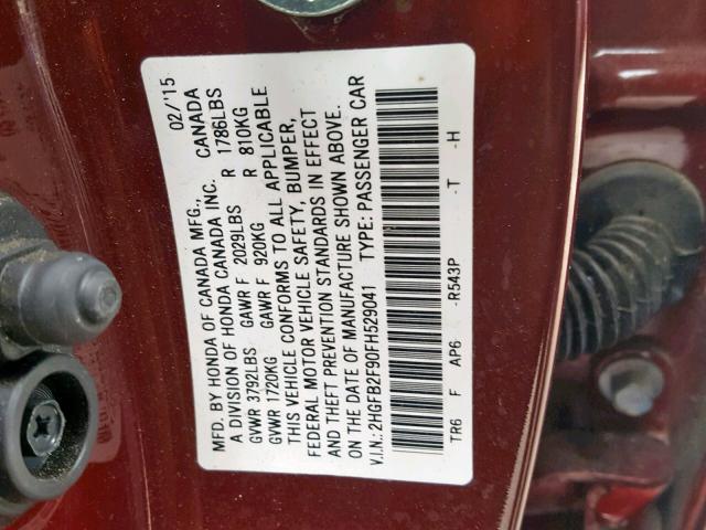 2HGFB2F90FH529041 - 2015 HONDA CIVIC EXL BURGUNDY photo 10