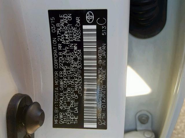 JTDKN3DP1F3073534 - 2015 TOYOTA PRIUS PLUG WHITE photo 10