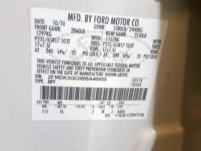 2FMDK3GC0BBA46955 - 2011 FORD EDGE SE WHITE photo 10