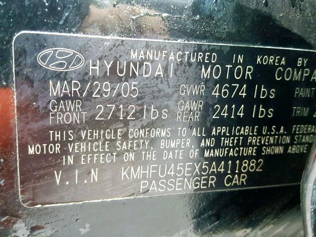 KMHFU45EX5A411882 - 2005 HYUNDAI XG 350 BLACK photo 10