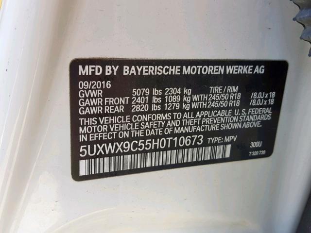 5UXWX9C55H0T10673 - 2017 BMW X3 XDRIVE2 WHITE photo 10