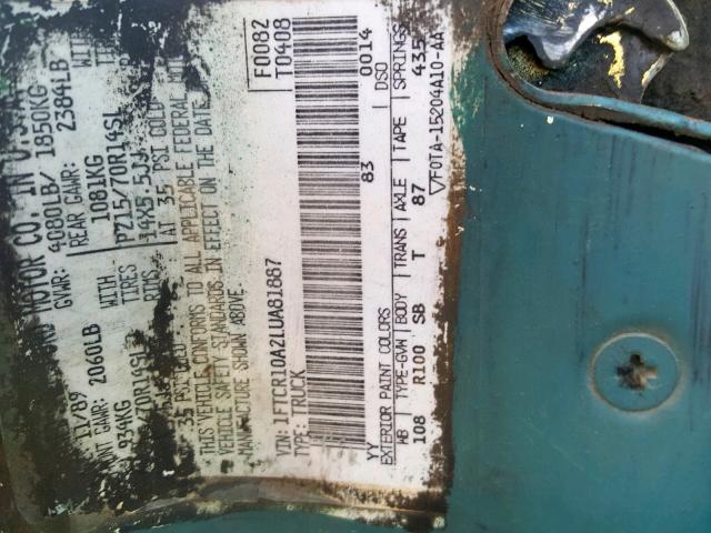 1FTCR10A2LUA81887 - 1990 FORD RANGER GREEN photo 10